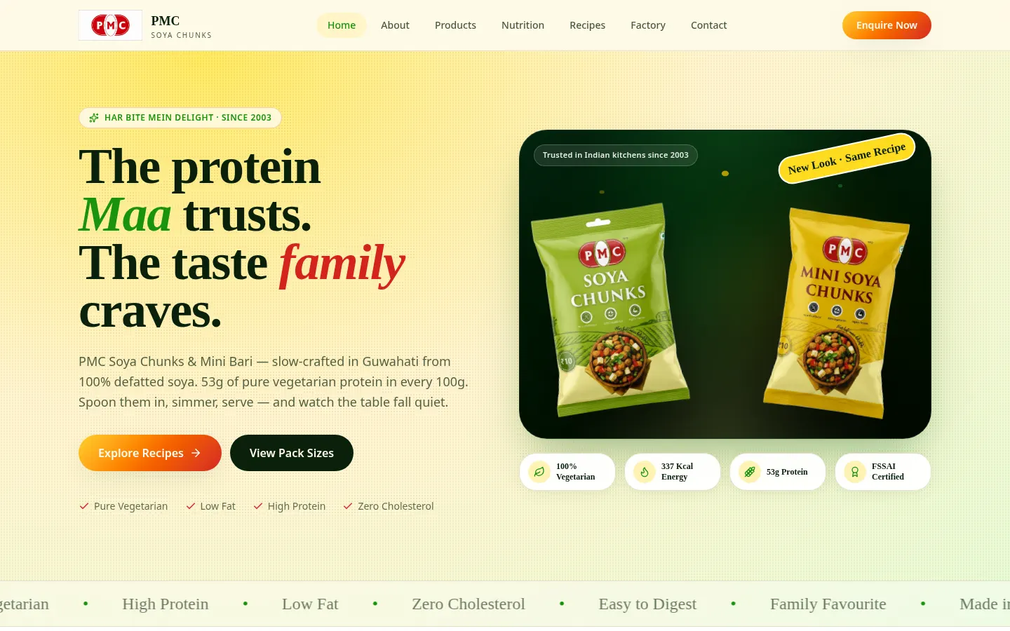 Homepage screenshot of the PMC Soya Chunks product website